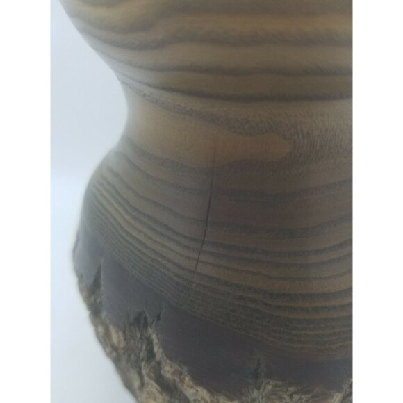 Hand Crafted Lathe Turned Mesquite Wood Vessel with Natural Bark Artist Signed - Picture 8 of 10